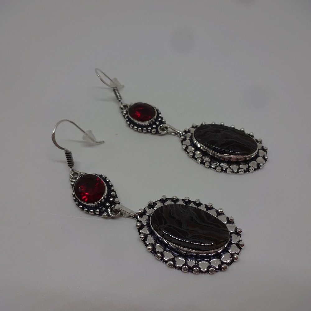 Stunning "IRON TIGERS EYE & RUBY" Handmade Sterling Dangle Earrings  #91